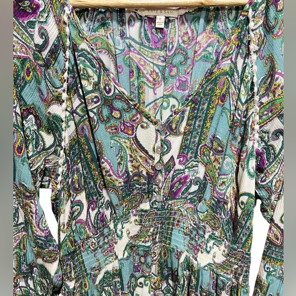 Kate and Sam Size L Boho Cottagecore Fairy Flowy Smocked Paisley Midi Dress - Picture 7 of 10
